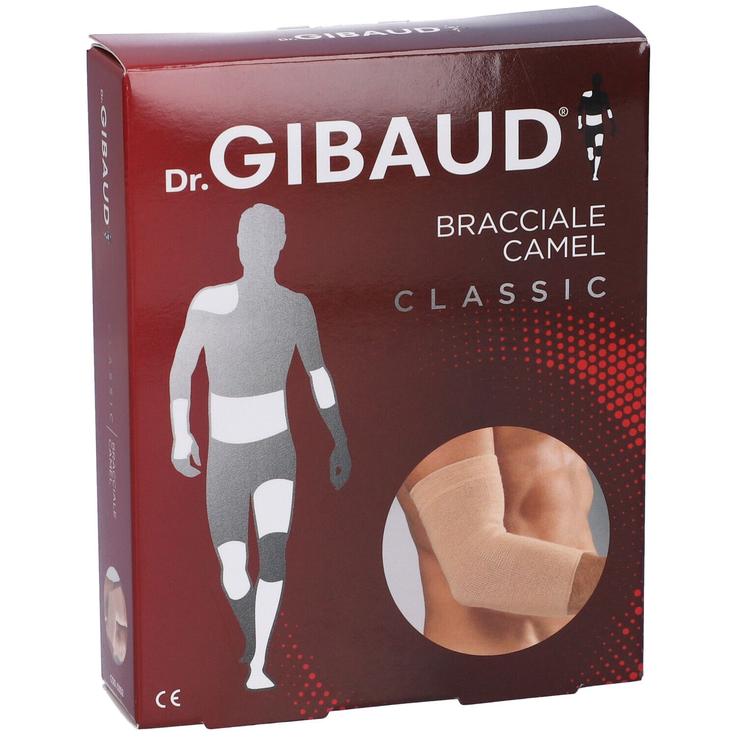 Confezione di Dr. Gibaud Bracciale Camel Classic. Bendaggio per gomito beige illustrato.