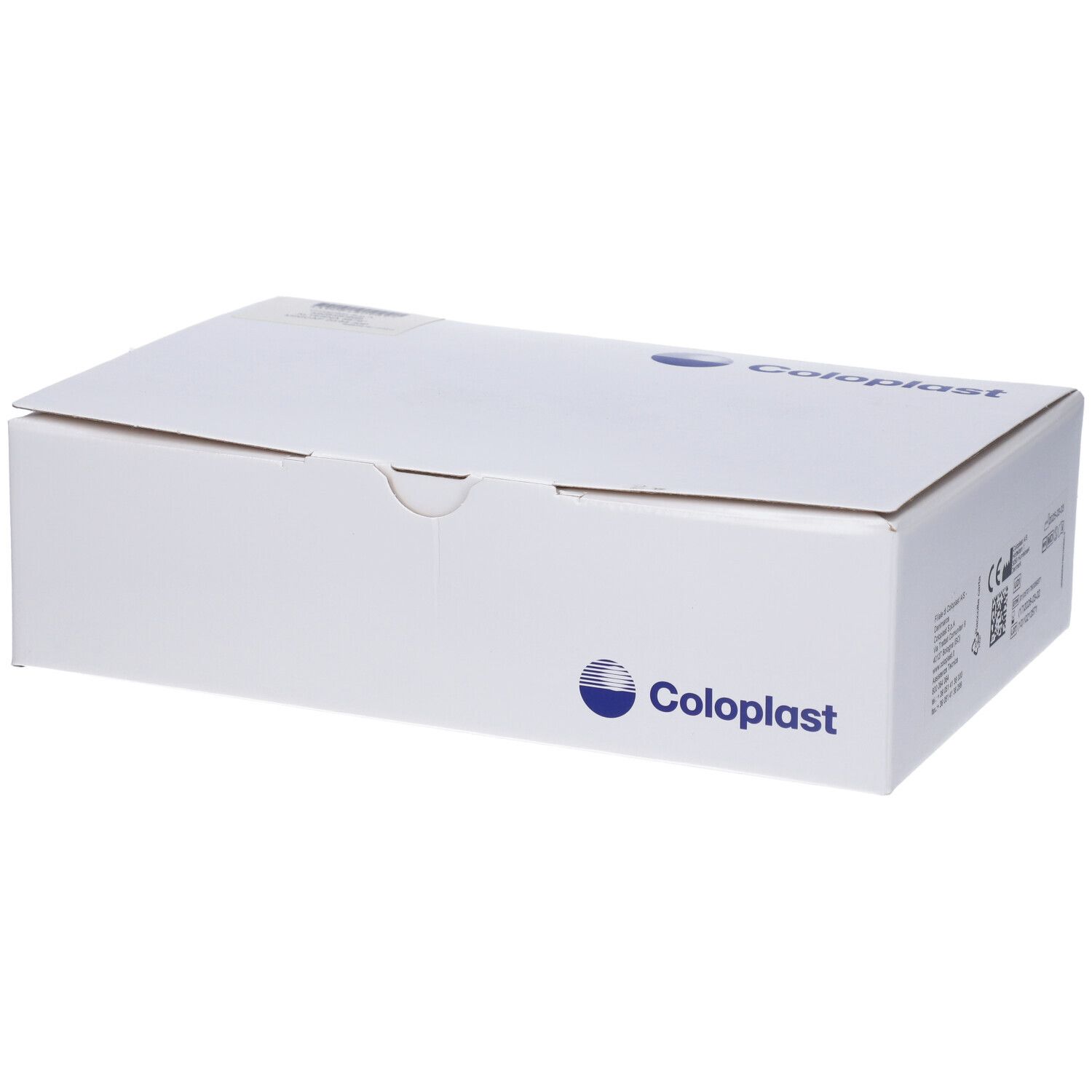 Weiße Produktverpackung mit Coloplast-Logo. Geschlossene rechteckige Box.