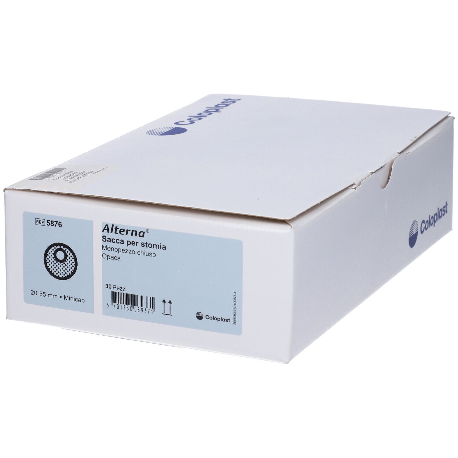 Weiße Box mit Produktinformationen. Text: Alterno, Sacca per stomia, 30 pezzi.