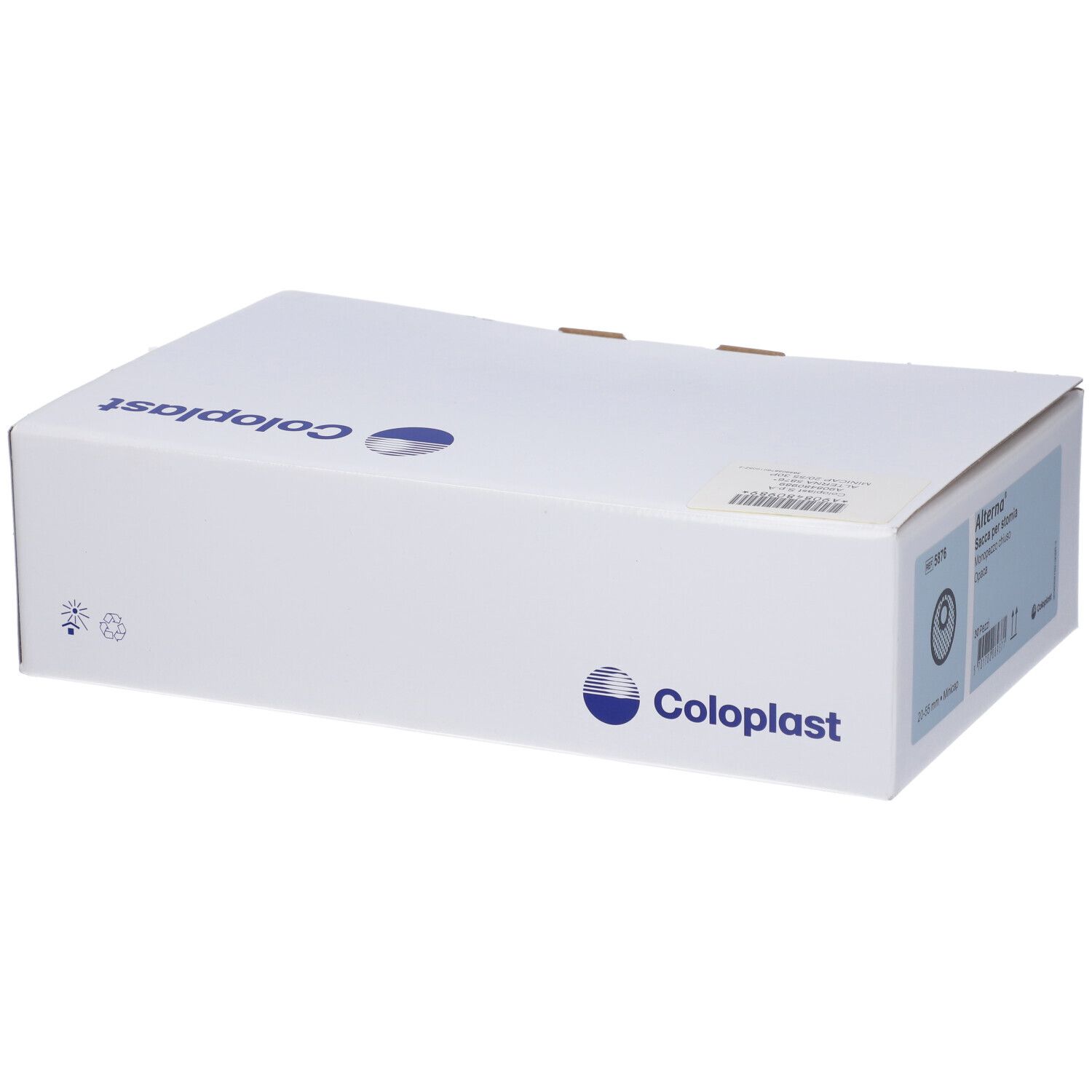 Weiße Produktverpackung mit Coloplast-Logo. Geschlossene rechteckige Box.