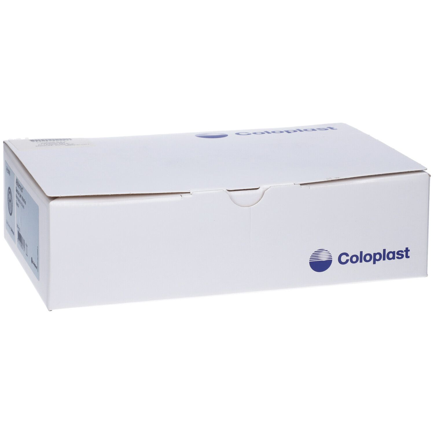Weiße Produktverpackung mit Coloplast-Logo. Geschlossene rechteckige Box.