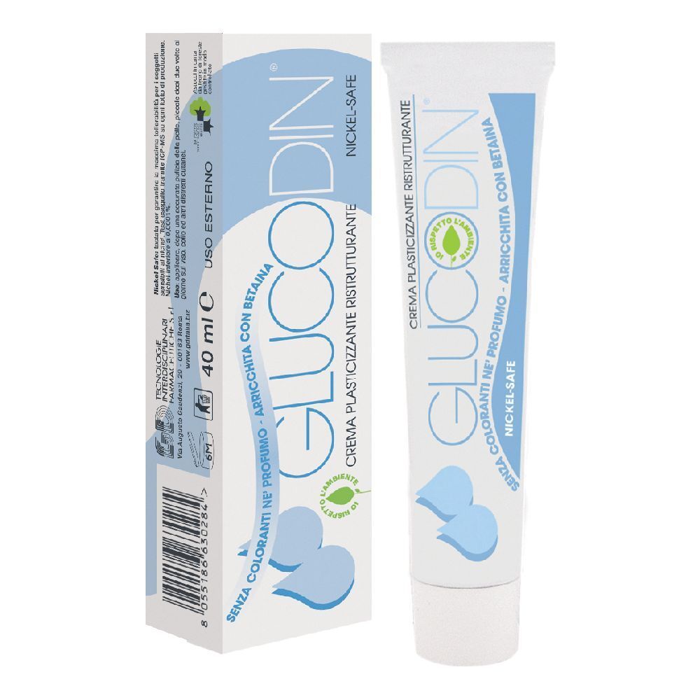 Tubo e confezione di crema. Scritta: Glucodin, Nickel-Safe. Con betaina. 40 ml.
