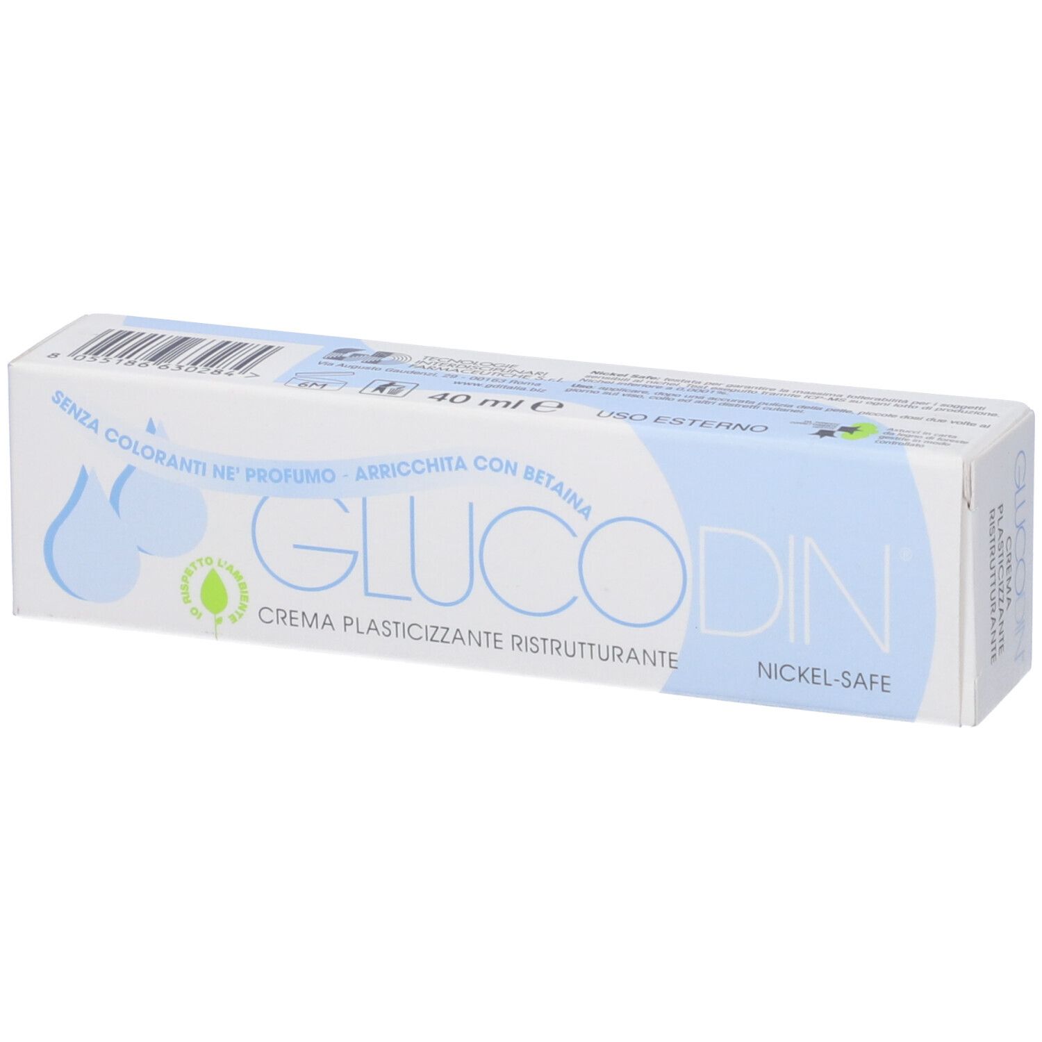 Confezione bianca con testo blu. Scritta: Glucodin, Nickel-Safe. Con betaina. 40 ml.