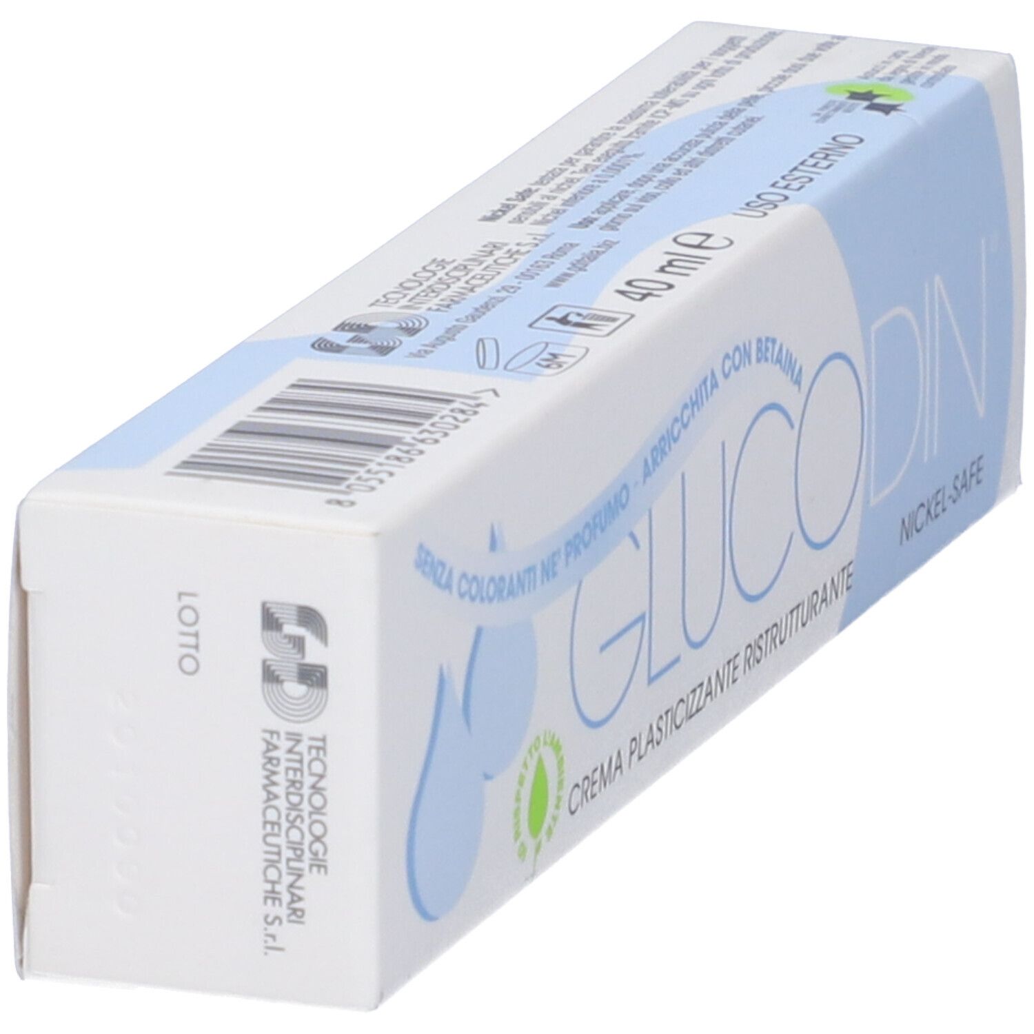 Confezione in diagonale. Scritta: Glucodin, Nickel-Safe. Con betaina. 40 ml. Logo.