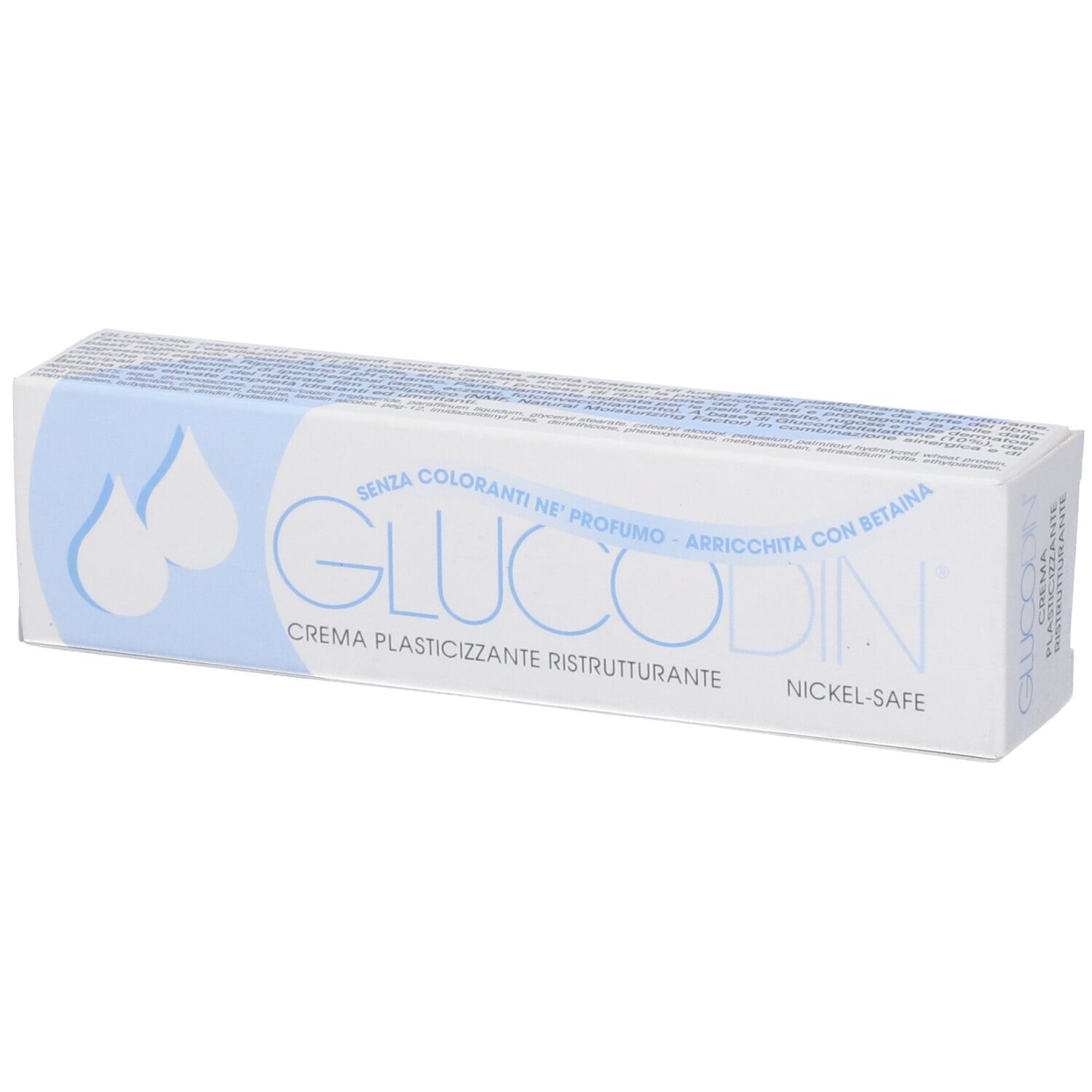 Confezione bianca con testo blu. Scritta: Glucodin, Nickel-Safe. Con betaina. 40 ml.