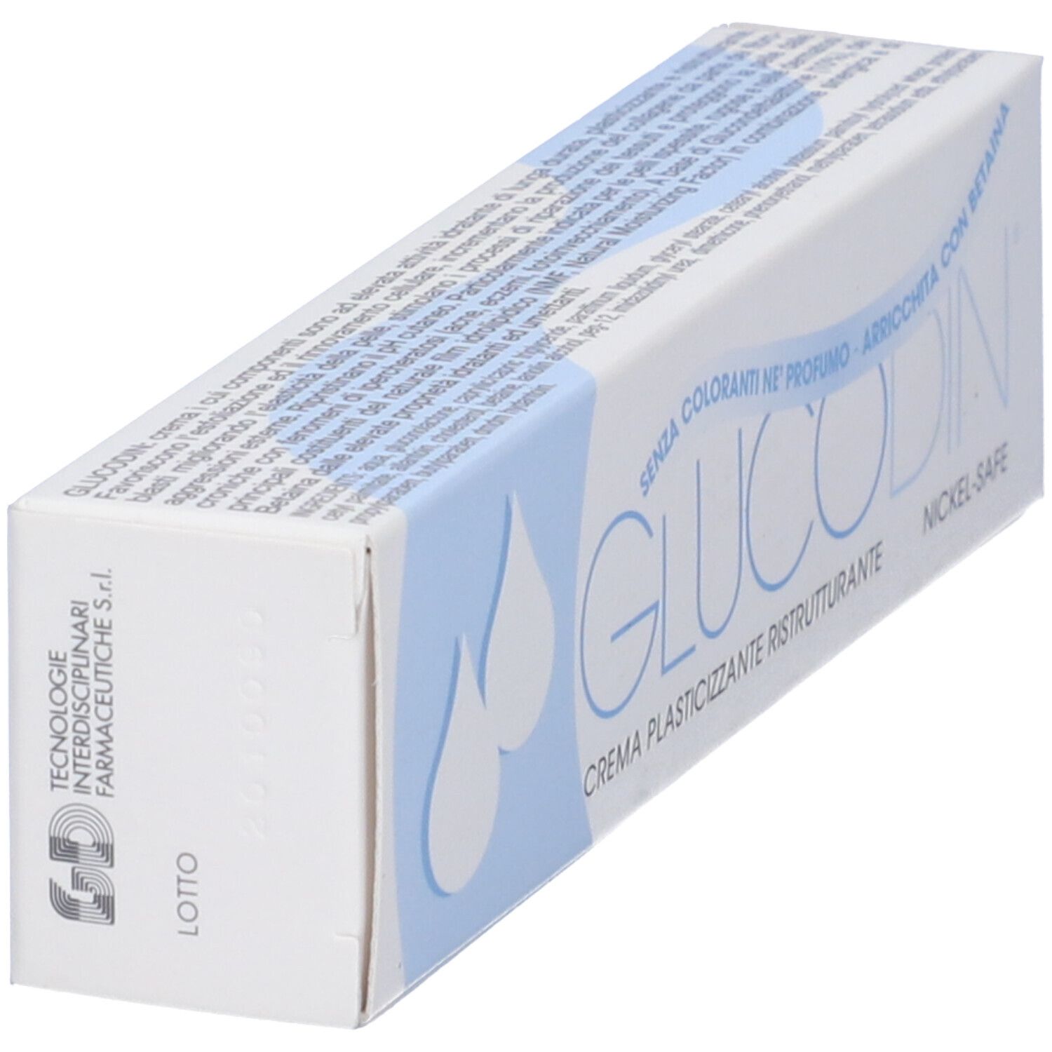 Confezione in diagonale. Scritta: Glucodin, Nickel-Safe. Con betaina. 40 ml. Logo.