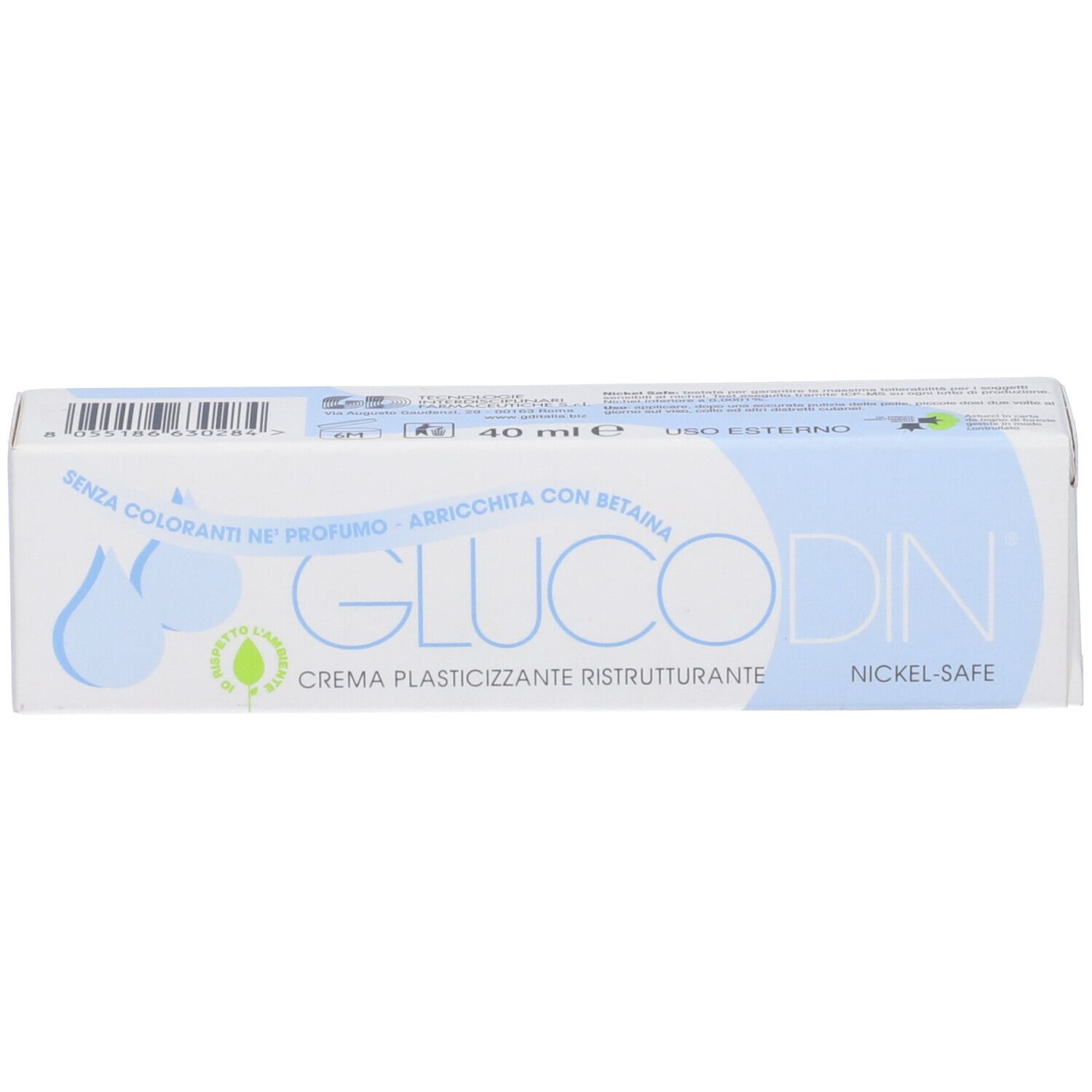 Confezione bianca con testo blu. Scritta: Glucodin, Nickel-Safe. Con betaina. 40 ml.