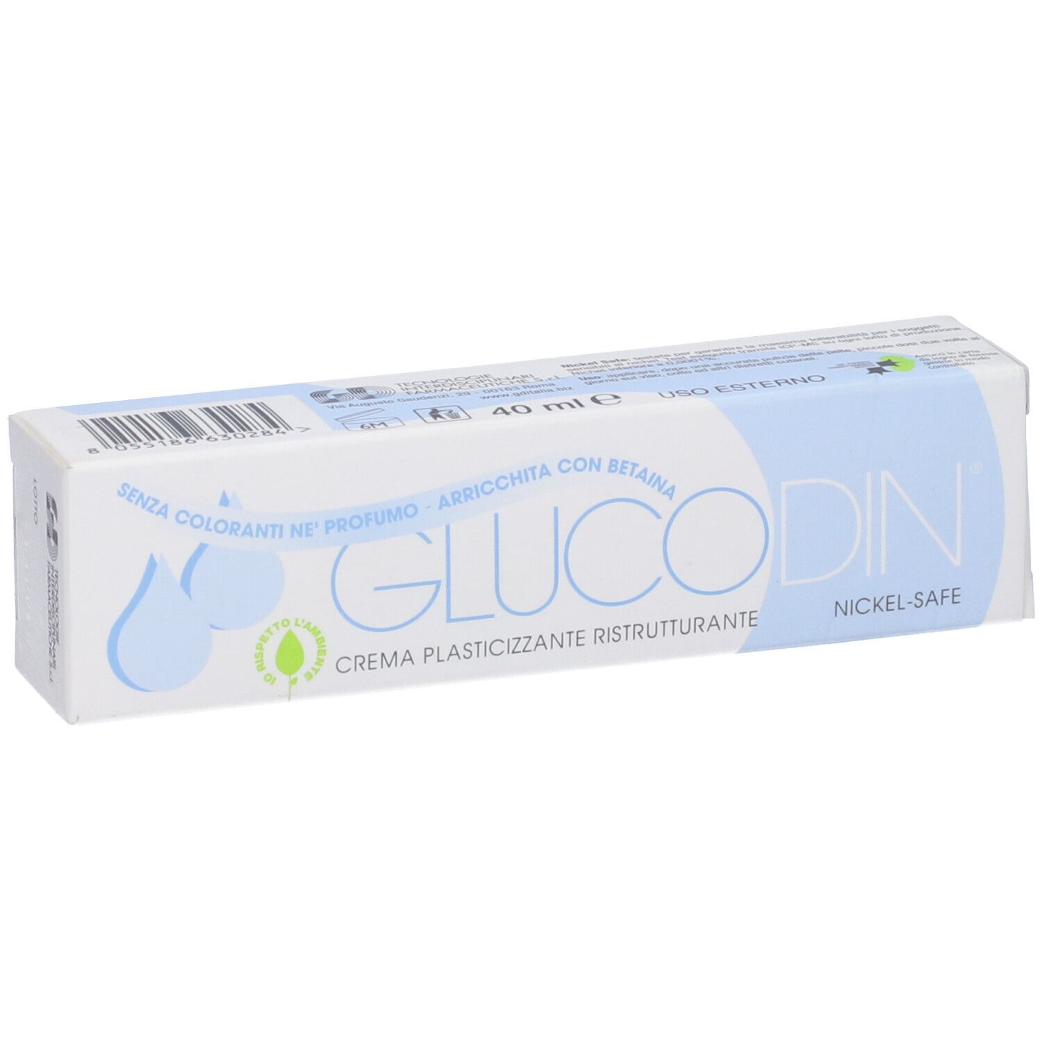 Confezione bianca con testo blu. Scritta: Glucodin, Nickel-Safe. Con betaina. 40 ml.