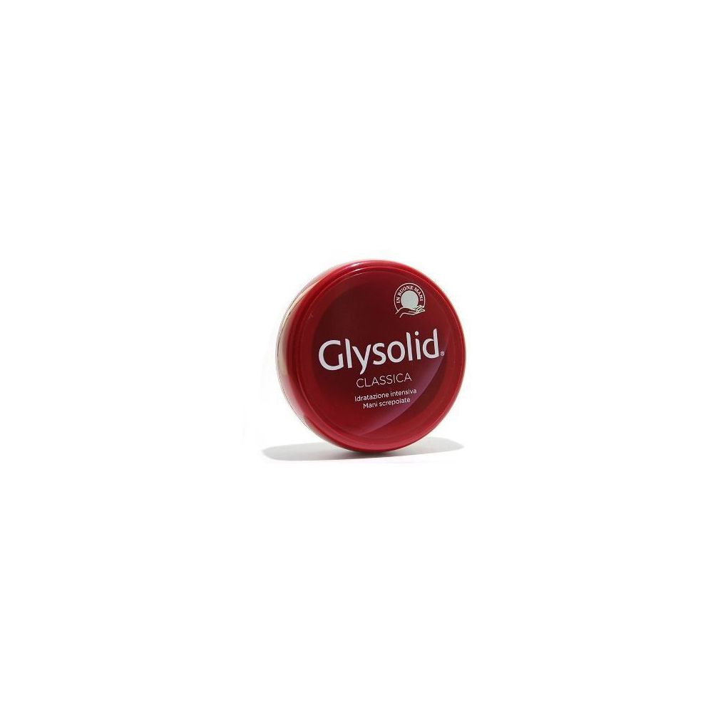 Vasetto rotondo rosso. Scritta bianca: Glysolid. Crema mani classica.