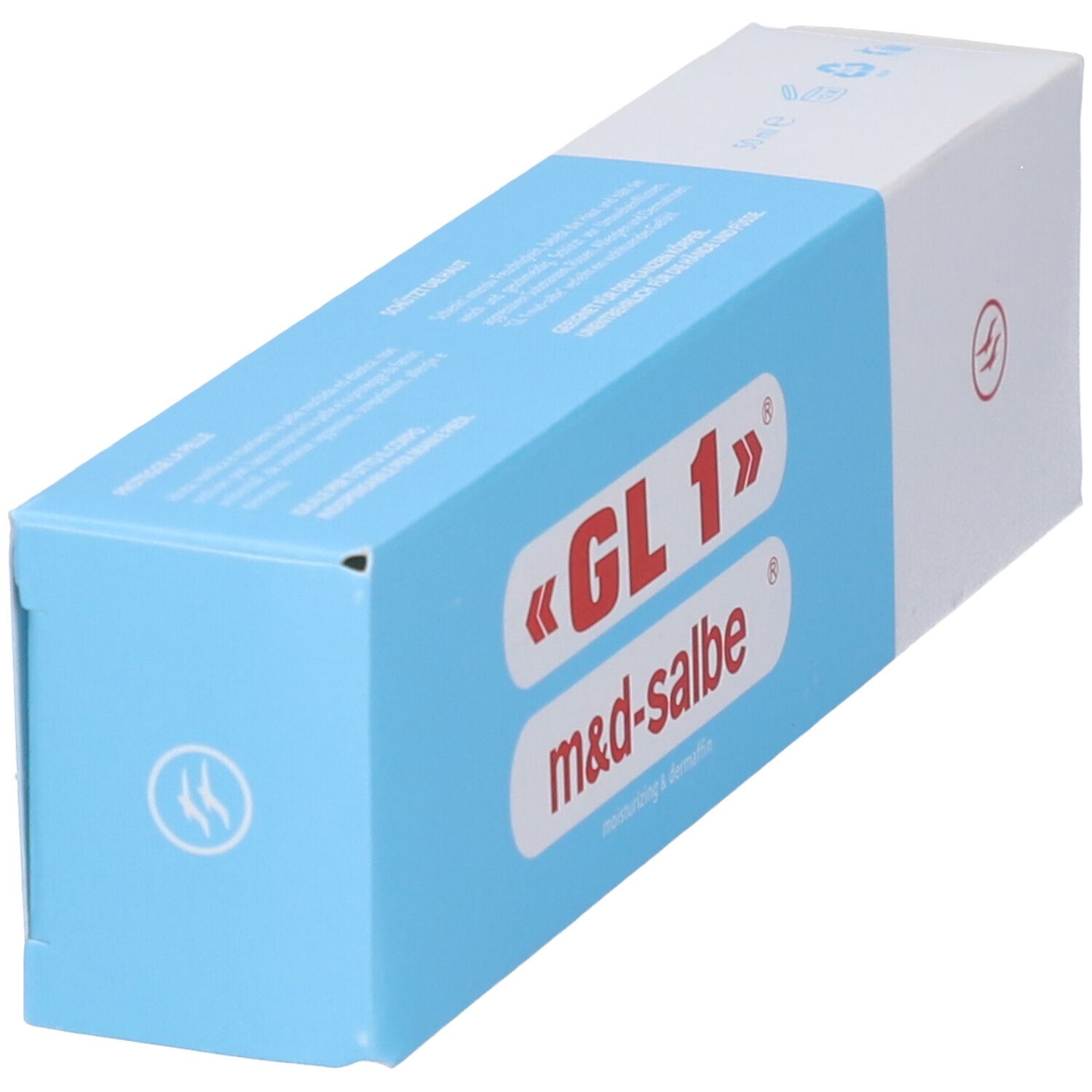 Schachtel «GL 1» m&d-salbe® in blau-weiß. Logo mit rotem Kreis. Text auf der Seite.