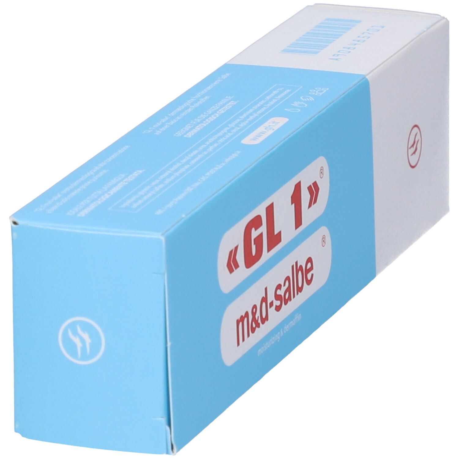 Schachtel «GL 1» m&d-salbe® in blau-weiß. Logo mit rotem Kreis. Text auf der Seite.