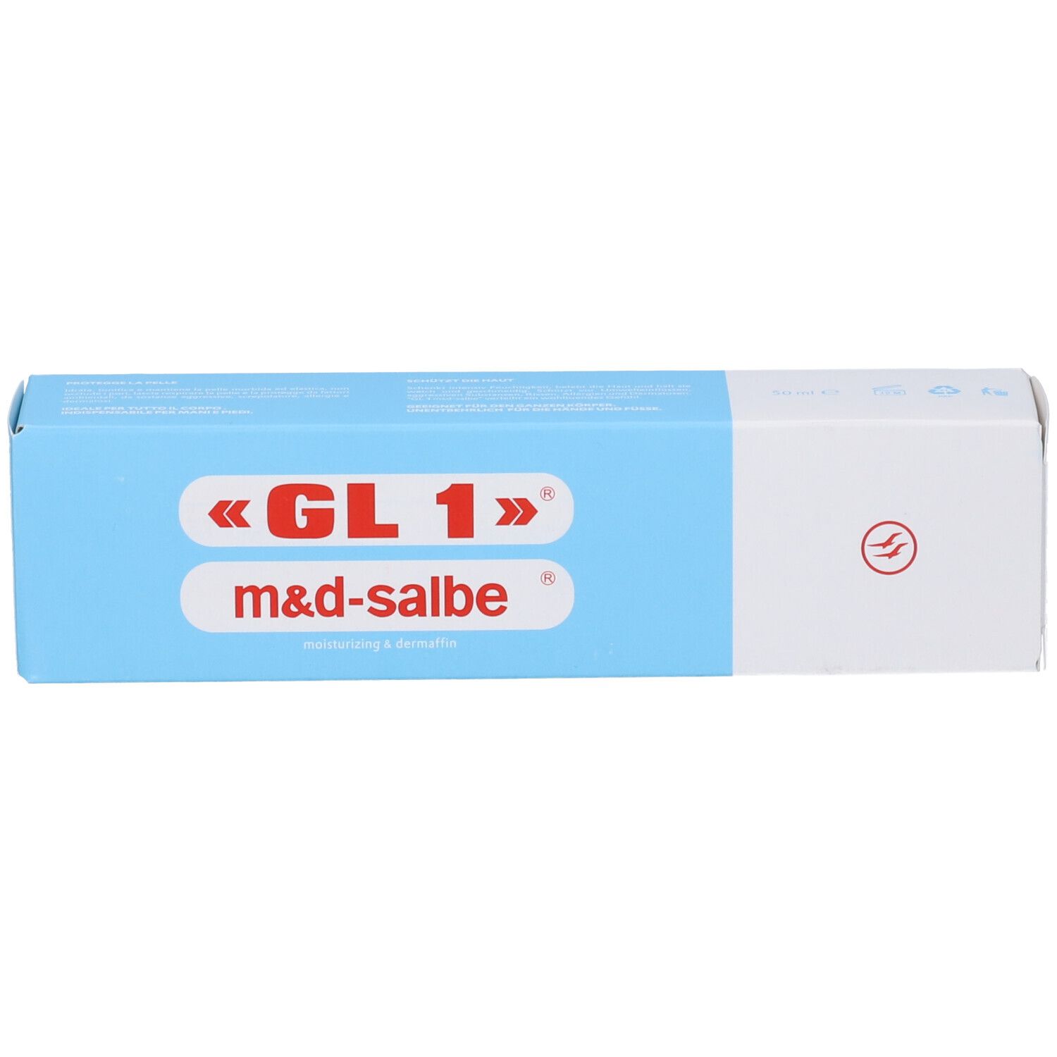Blau-weiße Schachtel mit Produktnamen «GL 1» m&d-salbe®. Logo mit rotem Kreis. Text: Linderung & Hilfe.