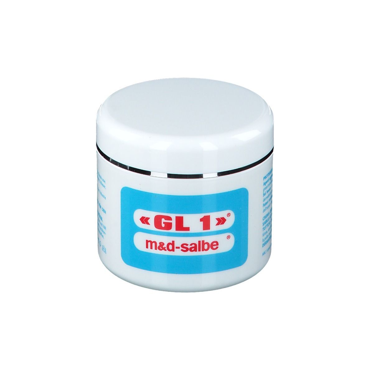 Vasetto bianco con coperchio. Etichetta blu con scritta «GL 1» m&d-salbe. Bordo argentato.