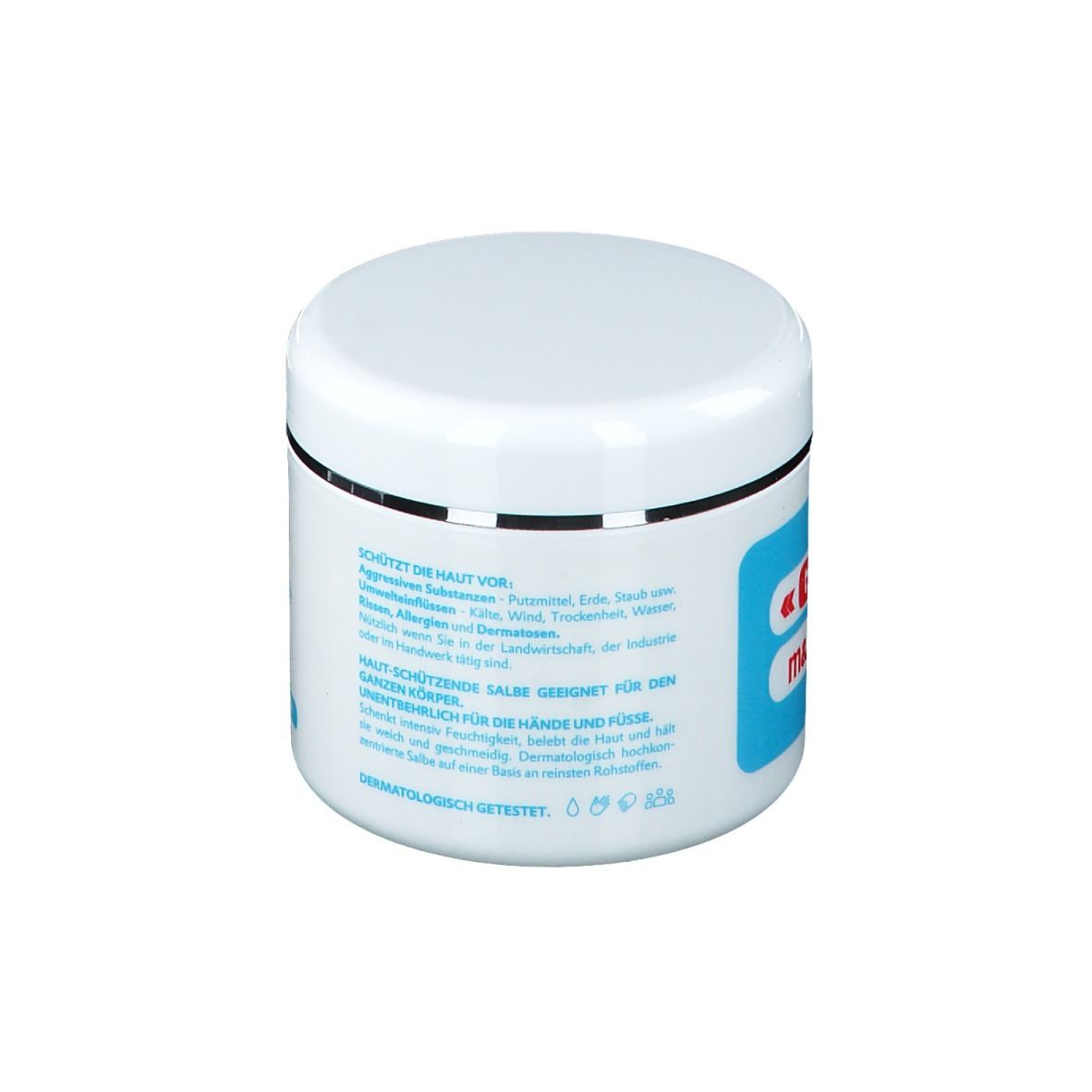 Vasetto bianco con coperchio. Retro con testo. Bordo argentato. Scritta «GL 1» m&d-salbe.