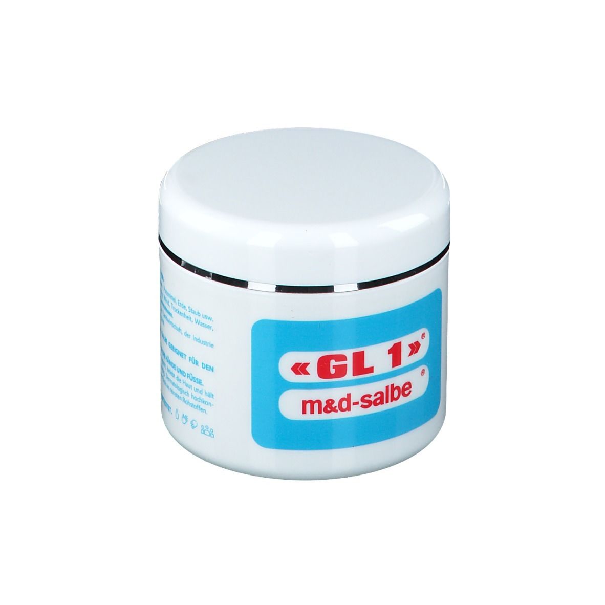 Vasetto bianco con coperchio. Etichetta blu con scritta «GL 1» m&d-salbe. Bordo argentato.