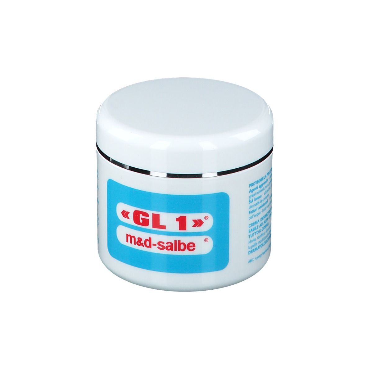 Vasetto bianco con coperchio. Etichetta blu con scritta «GL 1» m&d-salbe. Bordo argentato.