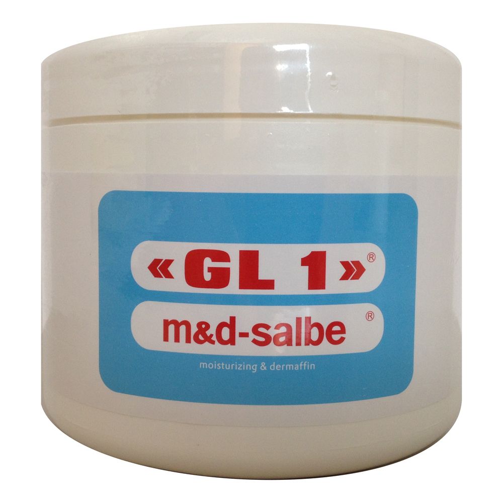 Vasetto bianco con etichetta blu. Scritta: «GL 1» m&d-salbe, moisturizing & dermaffin.