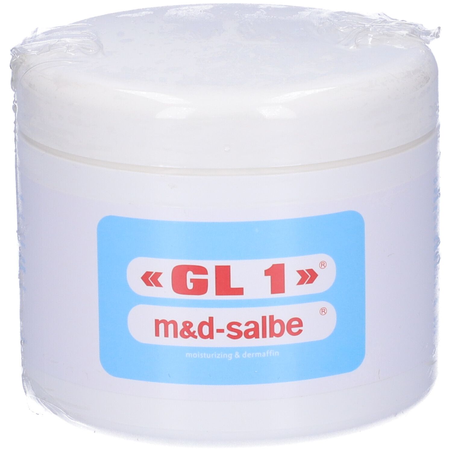 Vasetto bianco con pellicola ed etichetta blu. Scritta: «GL 1» m&d-salbe, moisturizing & dermaffin.