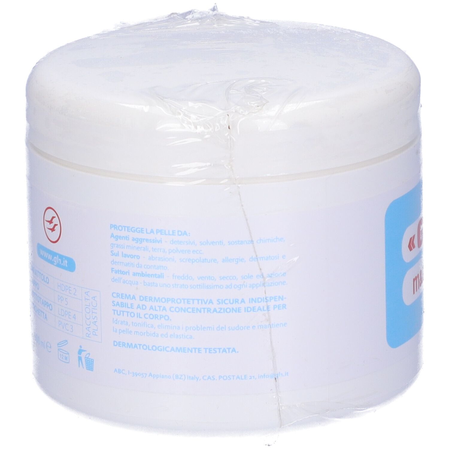 Vasetto bianco con pellicola. Lato con testo e logo. Retro con testo e logo.