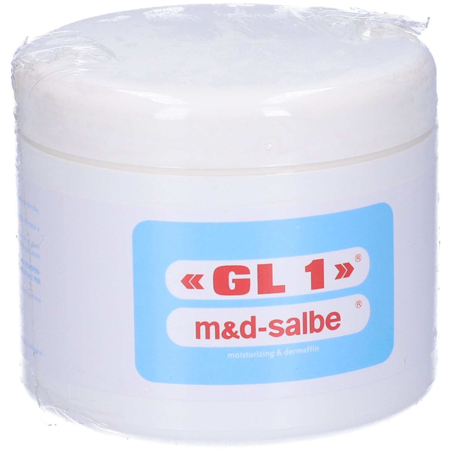 Vasetto bianco con pellicola ed etichetta blu. Scritta: «GL 1» m&d-salbe, moisturizing & dermaffin.