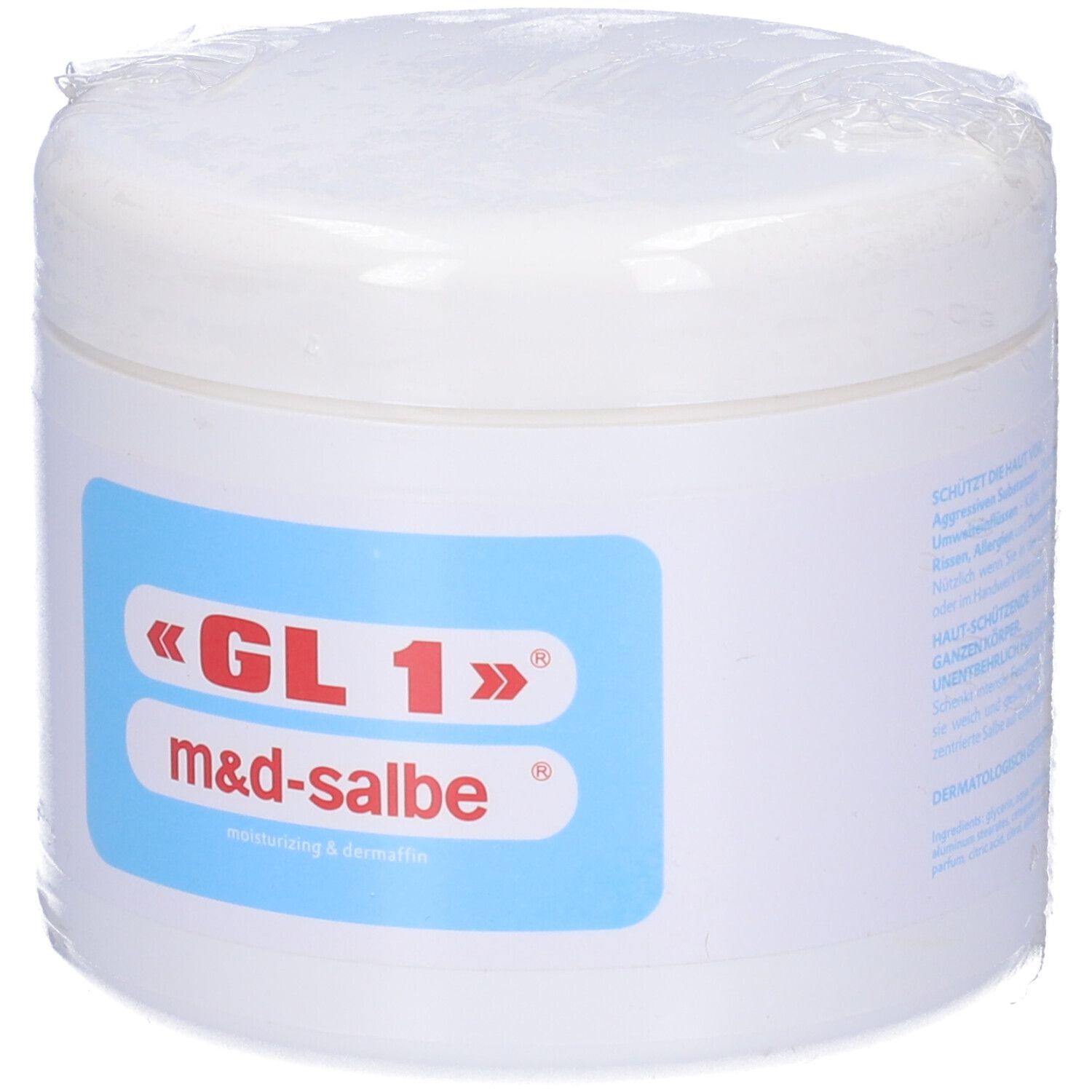 Vasetto bianco con pellicola ed etichetta blu. Scritta: «GL 1» m&d-salbe, moisturizing & dermaffin.