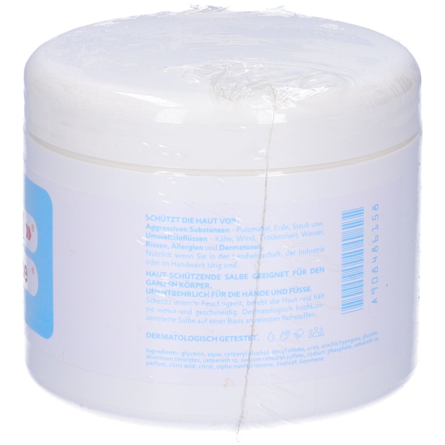 Vasetto bianco con pellicola. Lato con testo e logo. Retro con testo e logo.