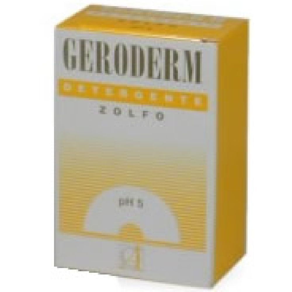 Scatola gialla e bianca con scritte "GERODERM", "ZOLFO" e "pH 5". Forma rettangolare.