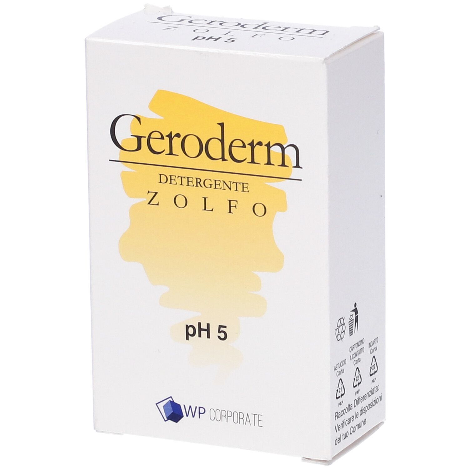 Scatola bianca con "Geroderm", "Zolfo", "pH 5" e logo. Forma rettangolare.