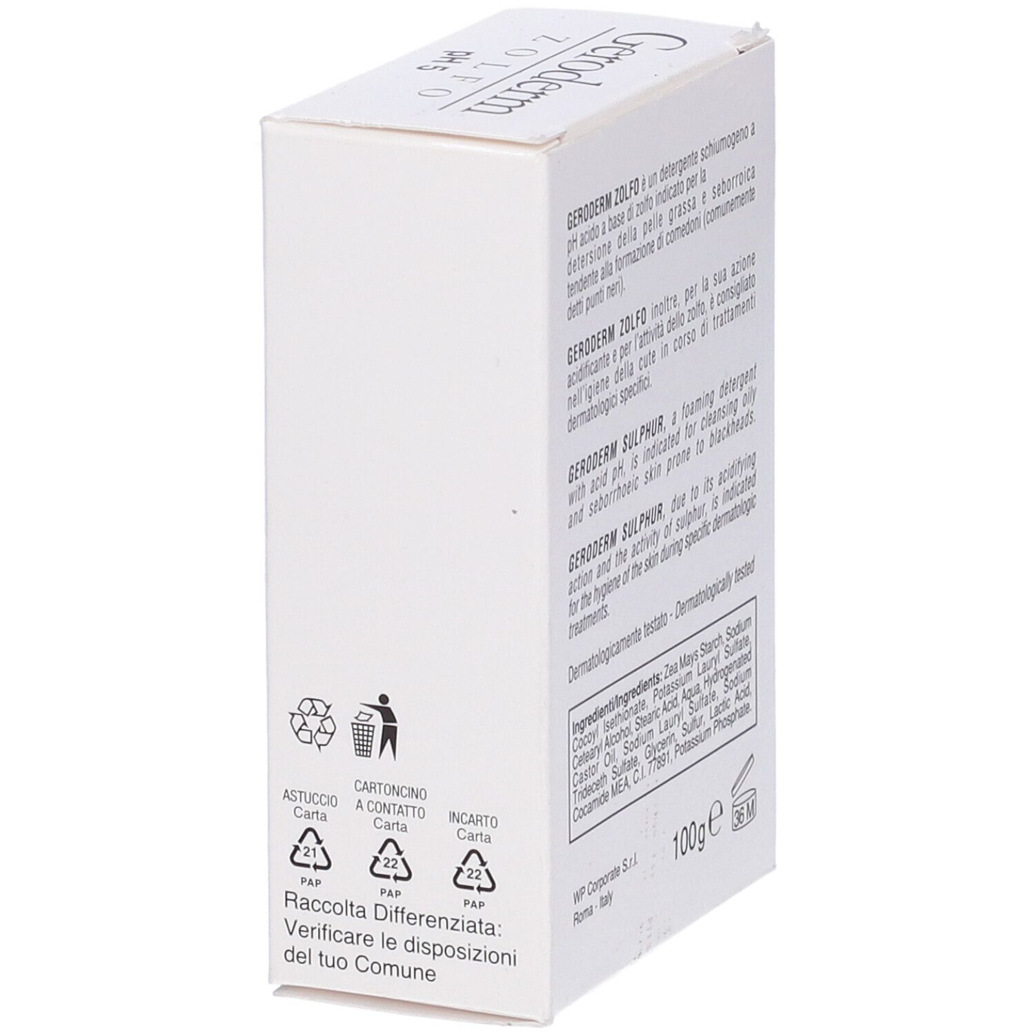 Retro della scatola bianca. Testo multilingue. Ingredienti e informazioni produttore.