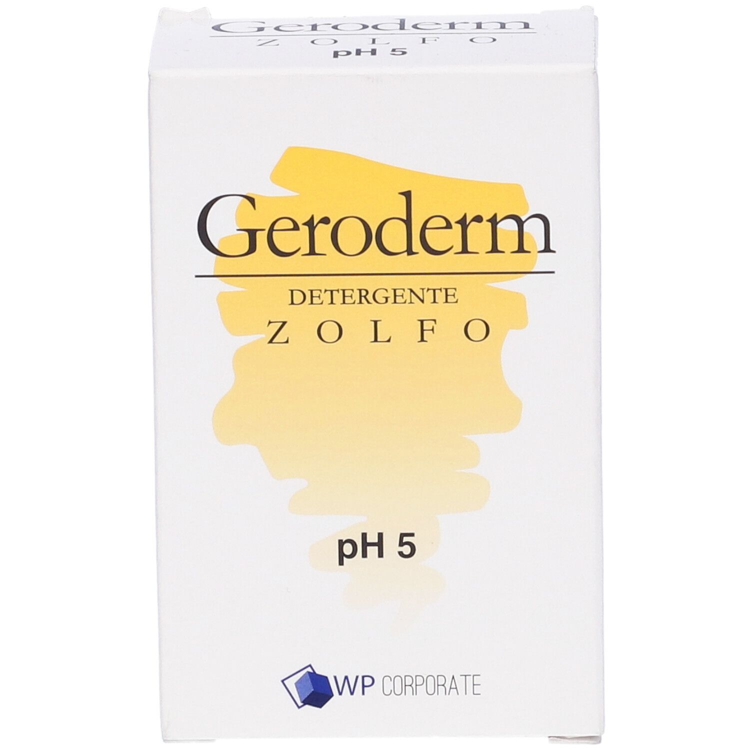 Scatola bianca con "Geroderm", "Zolfo", "pH 5" e logo. Forma rettangolare.