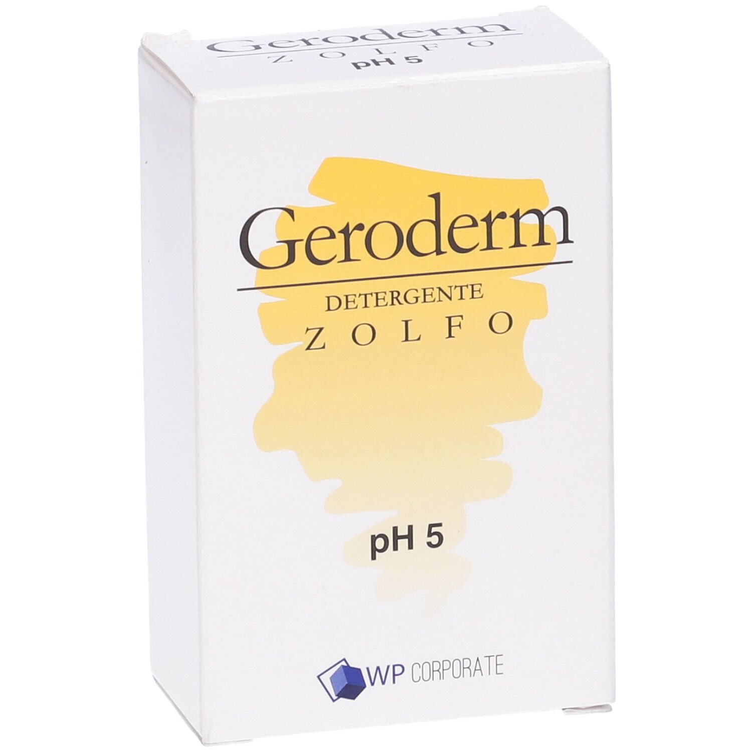 Scatola bianca con "Geroderm", "Zolfo", "pH 5" e logo. Forma rettangolare.