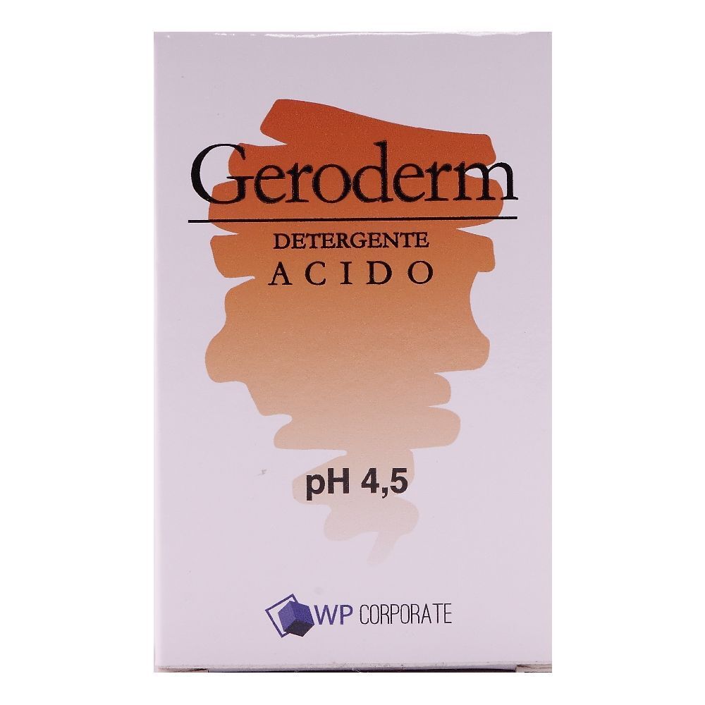 Confezione Geroderm. Scritta: Detergente Acido, pH 4,5. Logo WP Corporate.