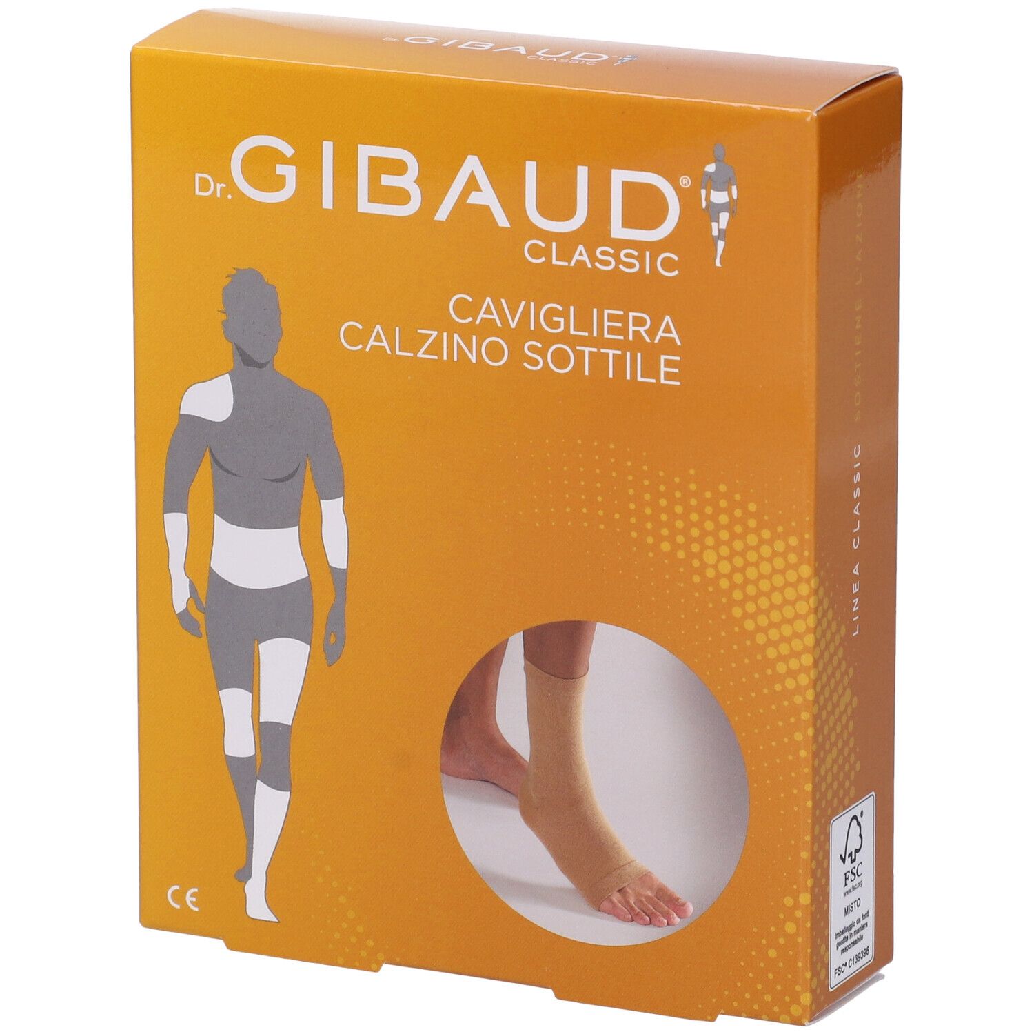 Confezione con calzino alla caviglia. Scritta: Dr. Gibaud Classic, Cavigliera Calzino Sottile. Marchio FSC.