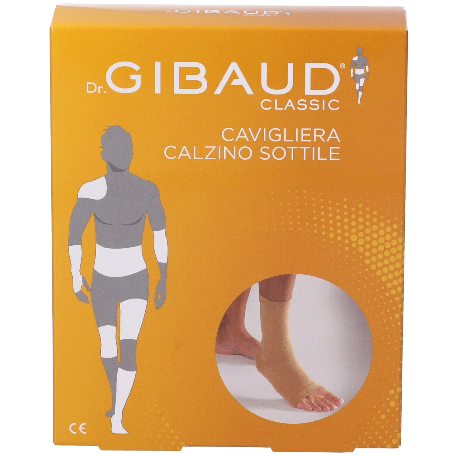 Confezione con calzino alla caviglia. Scritta: Dr. Gibaud Classic, Cavigliera Calzino Sottile. Vista del prodotto.