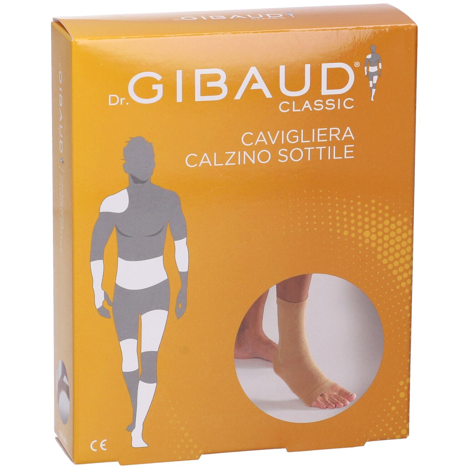 Confezione con calzino alla caviglia. Scritta: Dr. Gibaud Classic, Cavigliera Calzino Sottile. Vista del prodotto.