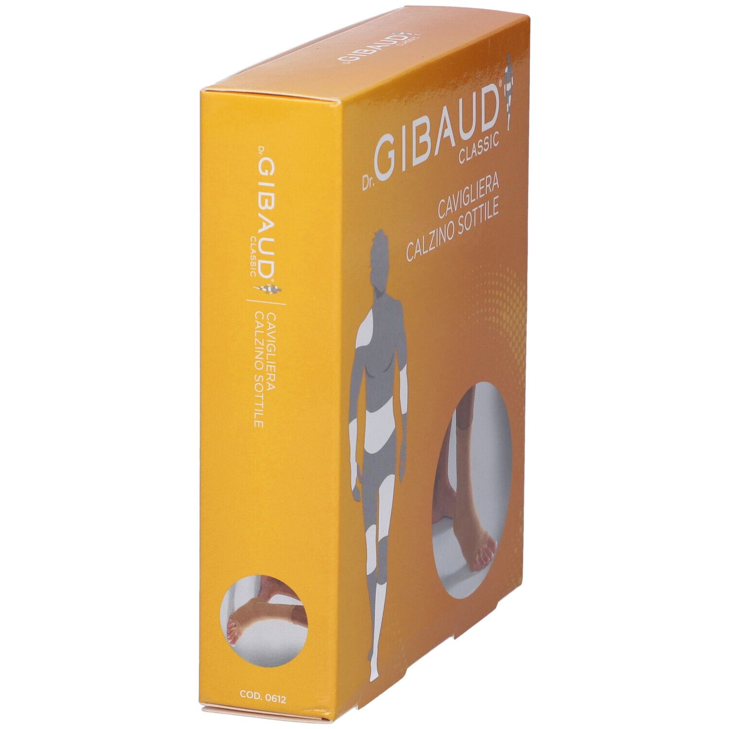 Gibaud Cavigliera Calzino Sottile Verpackung. Orangefarbener Karton, Seitenansicht mit Produktabbildung.