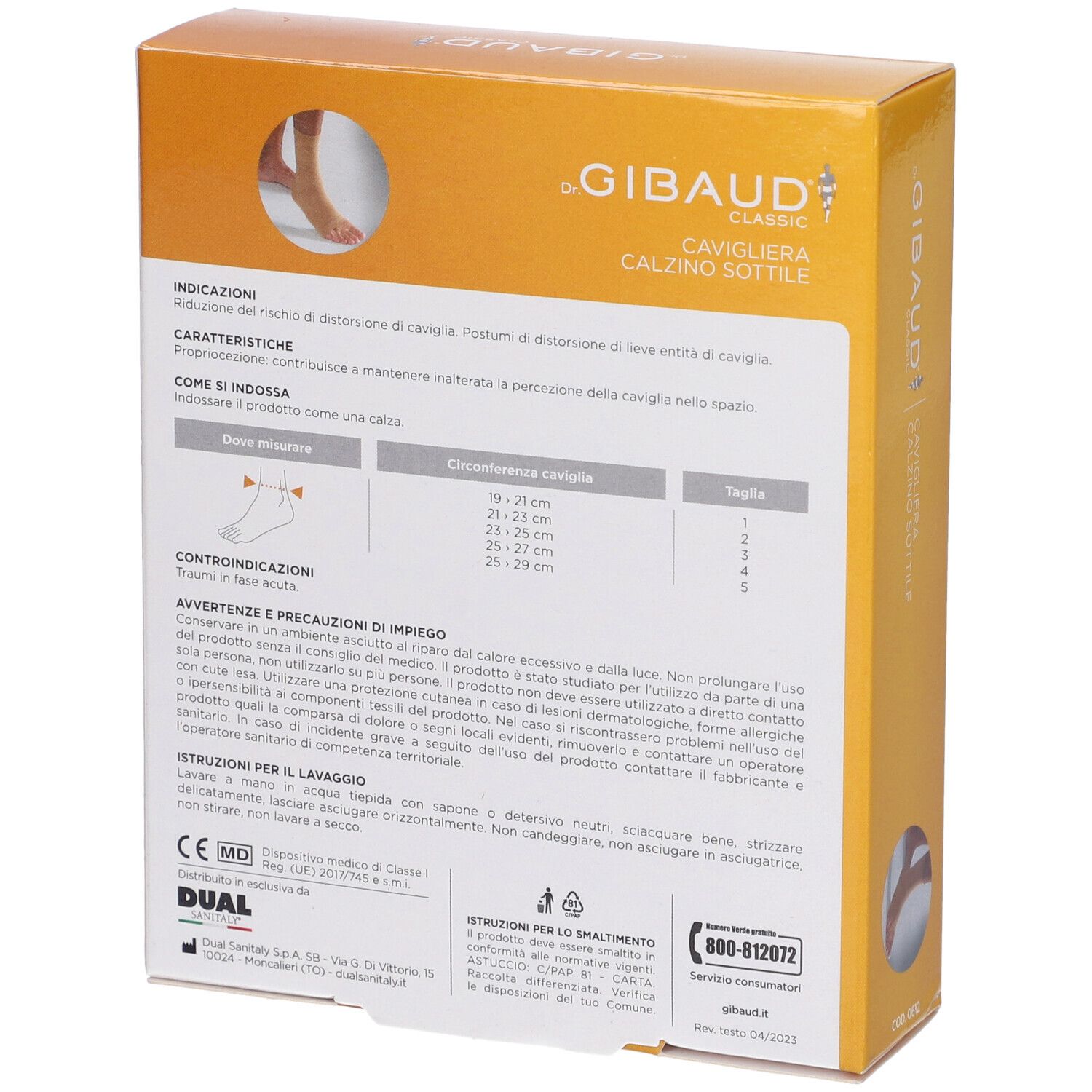Rückseite der Gibaud Cavigliera Calzino Sottile Verpackung. Produktinformationen, Größentabelle und Warnhinweise.
