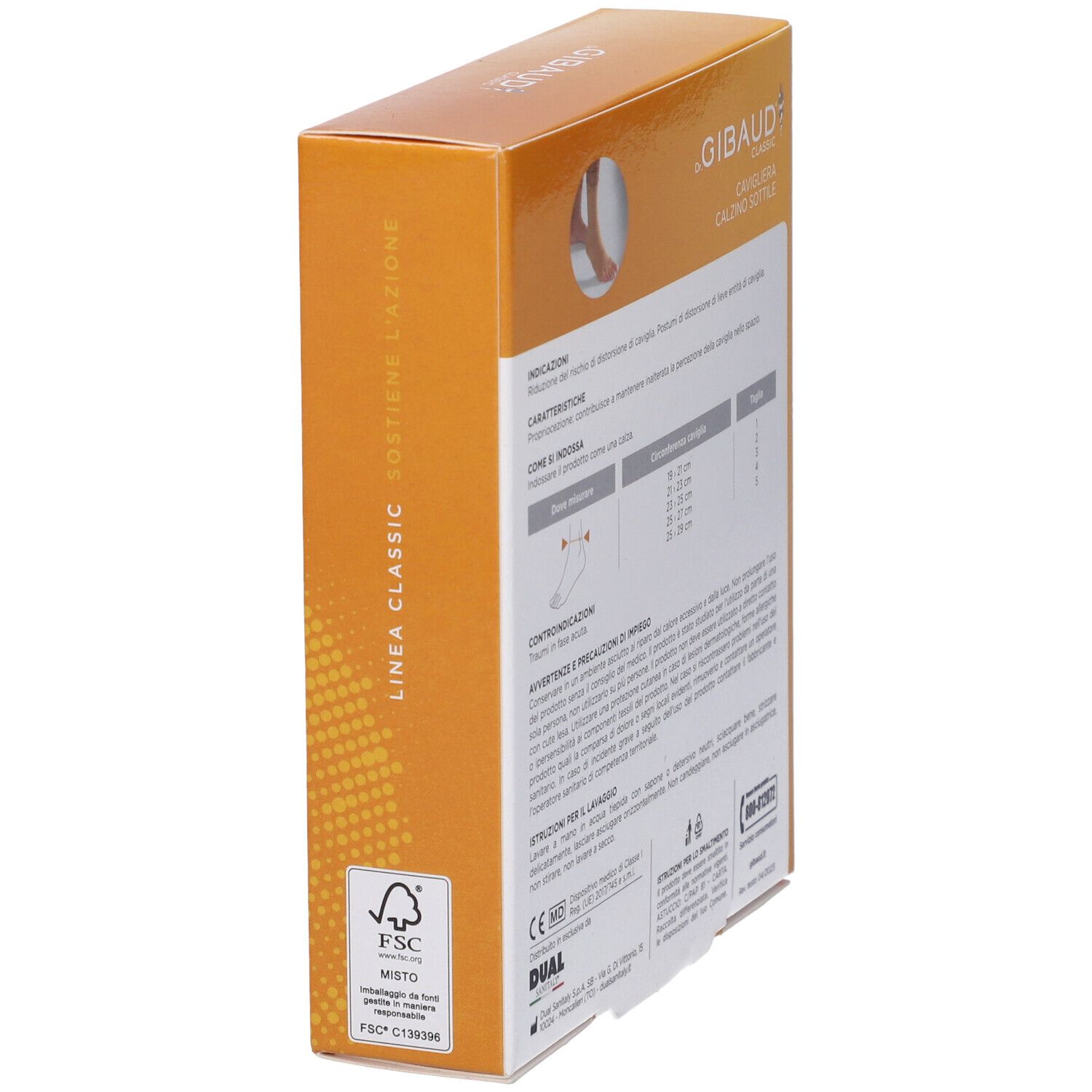 Gibaud Cavigliera Calzino Sottile Verpackung. Seitenansicht mit FSC-Logo und Produktinformationen.