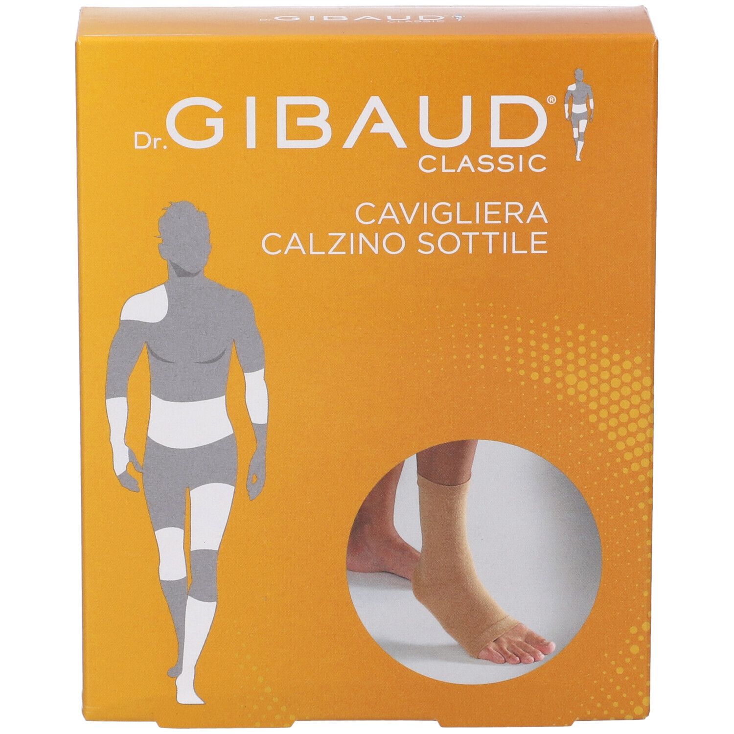 Gibaud Cavigliera Calzino Sottile Verpackung. Orangefarbener Karton mit Produktabbildung und Markenlogo.