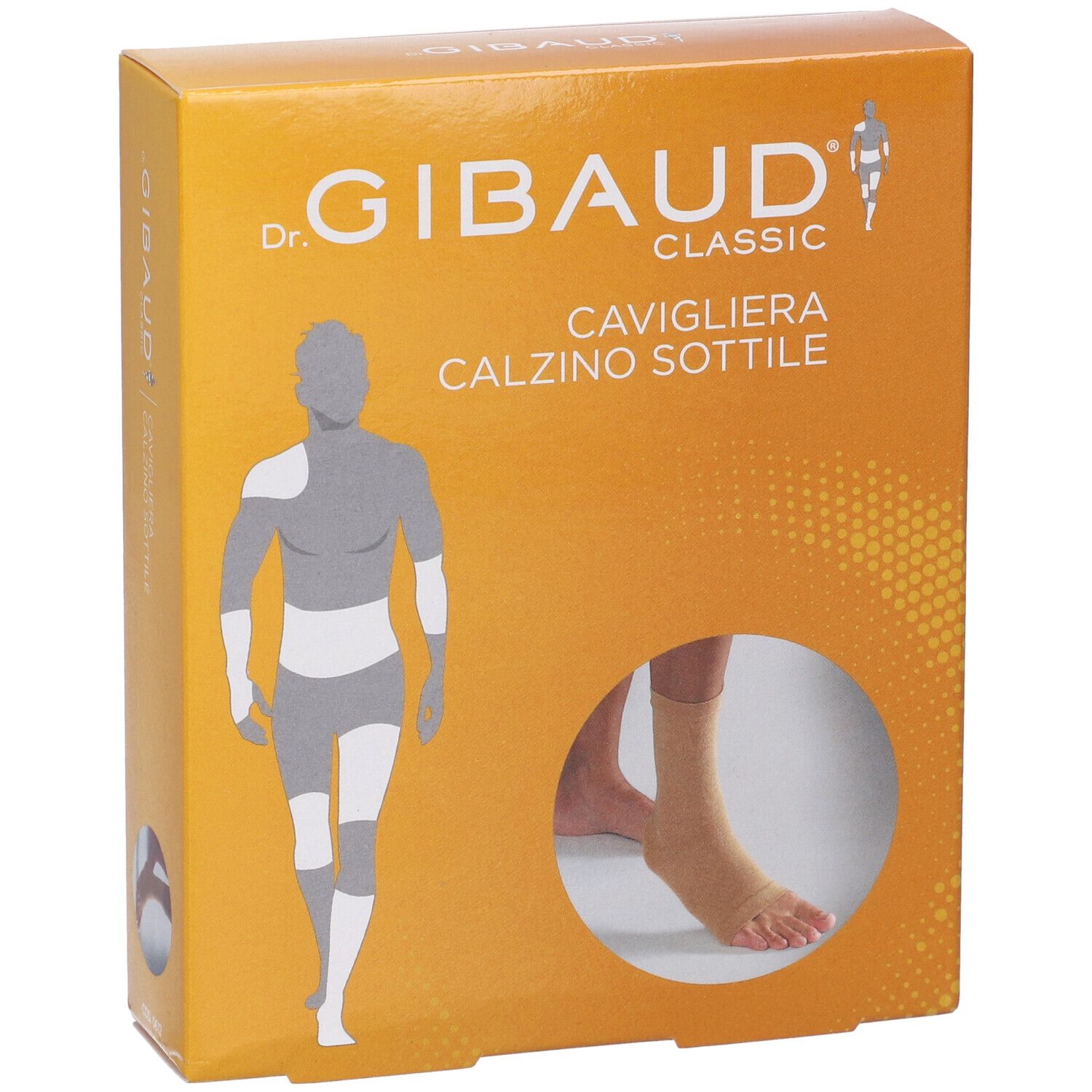 Gibaud Cavigliera Calzino Sottile Verpackung. Orangefarbener Karton mit Produktabbildung und Markenlogo.