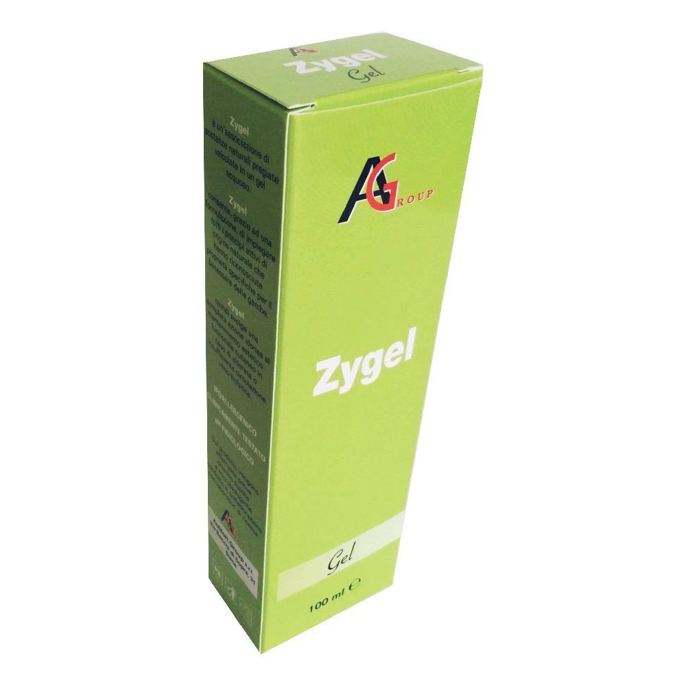 Confezione verde con scritta bianca "Zygel Gel". Logo AG Group. Scritta "Gel" e "100 ml e".