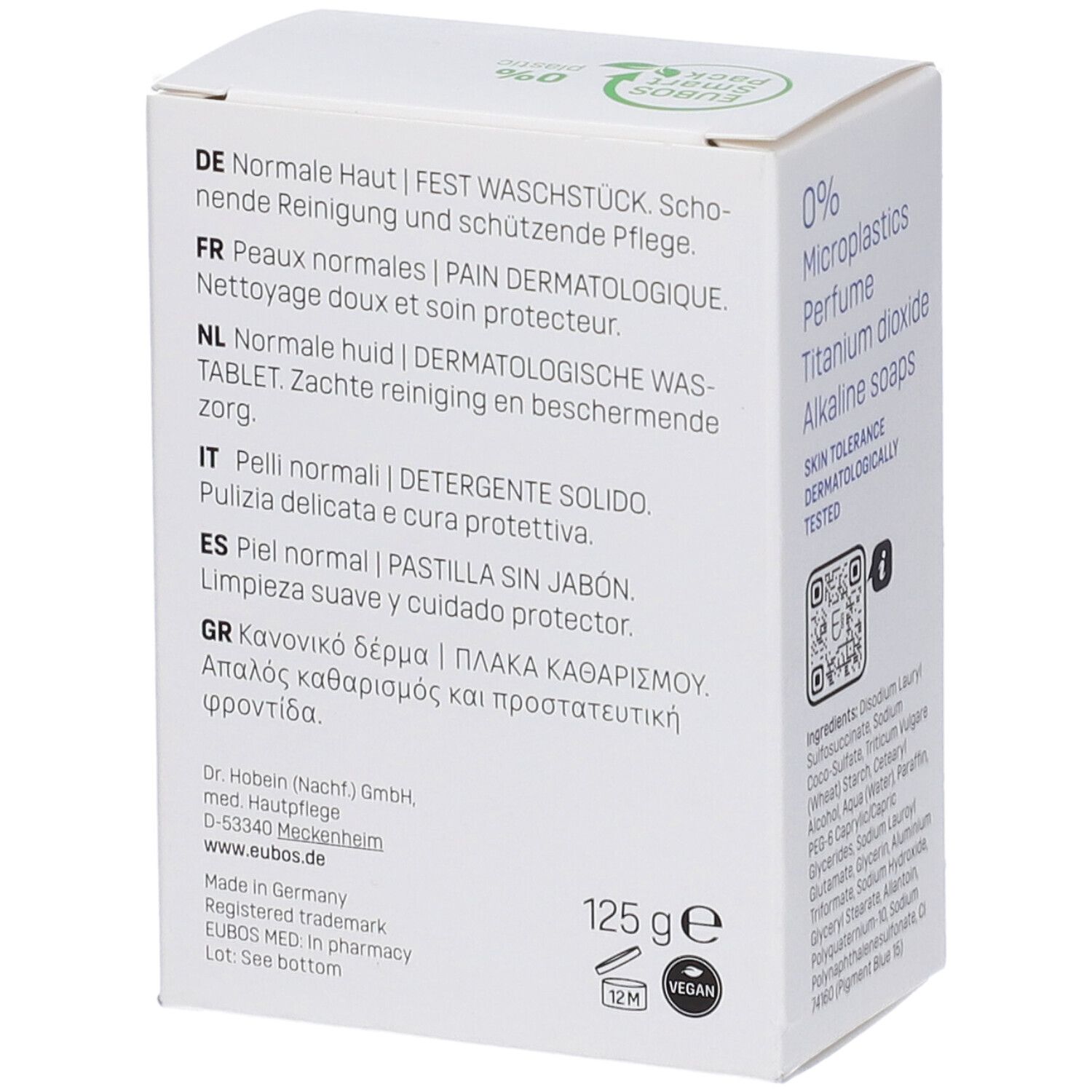 Verpackung eines festen Waschstücks für normale Haut, 125g.