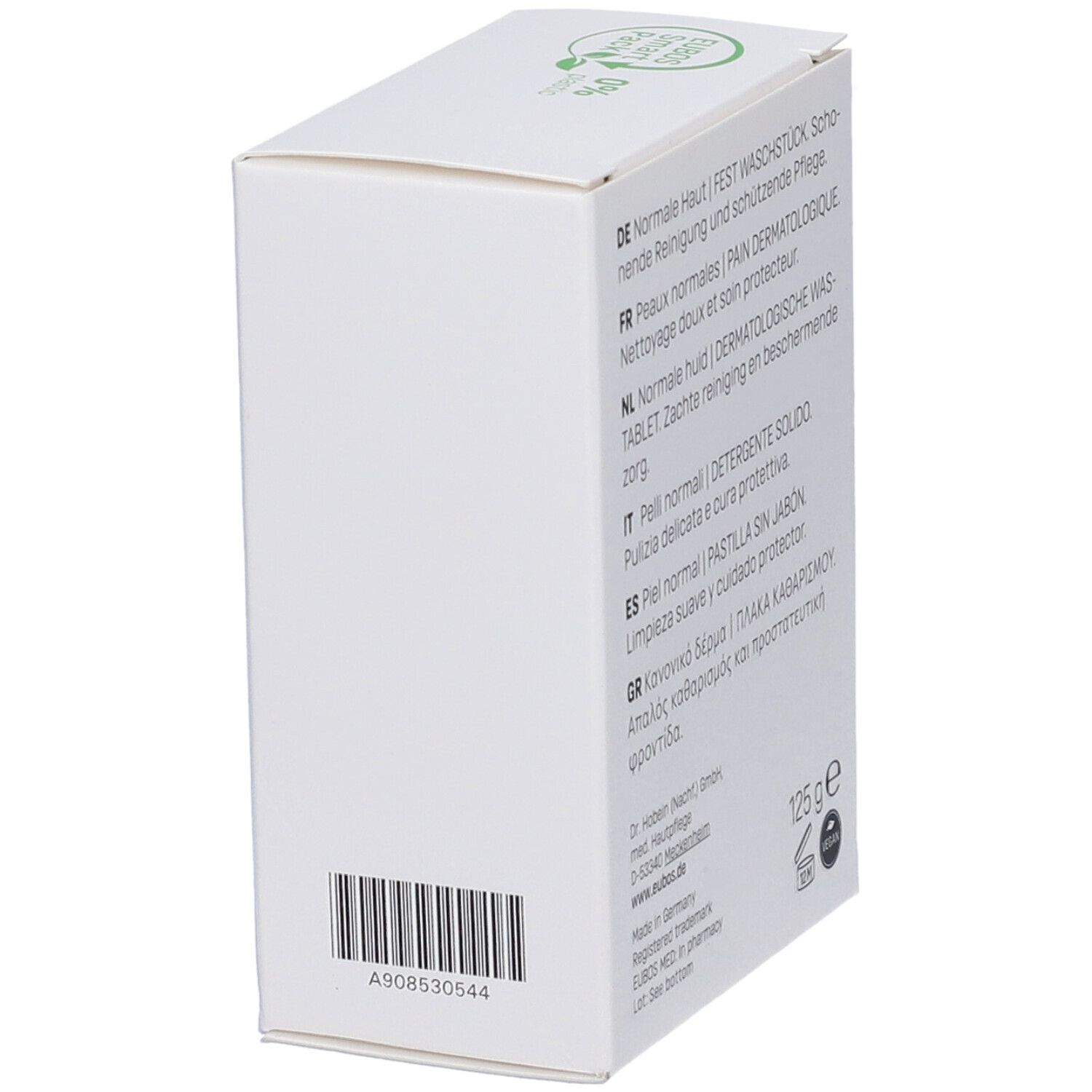 Weiße Kartonverpackung für ein festes Waschstück, 125g.