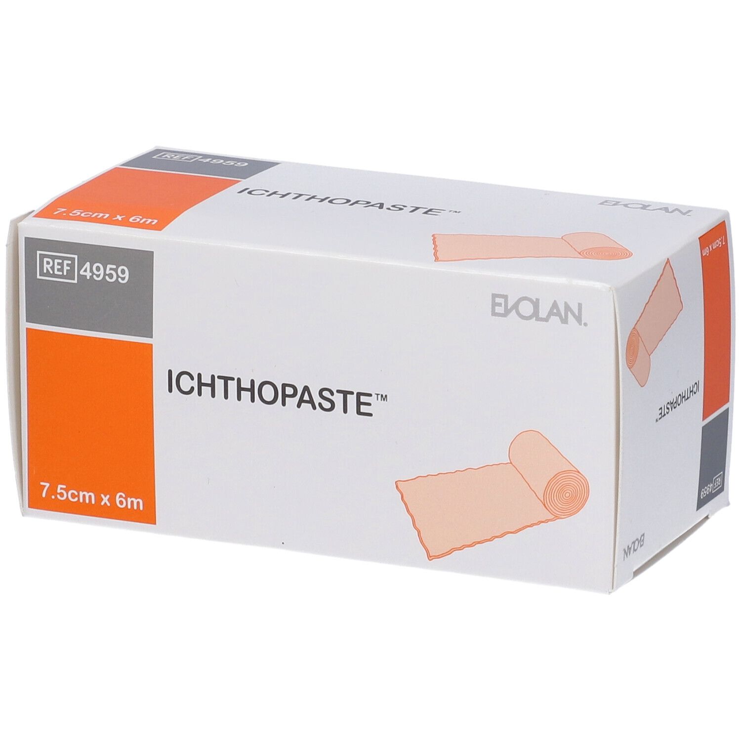 Confezione di benda Ichthopaste. Scritta: 7,5 cm x 6 m. Marchio: Evolan. Riferimento: 4959.
