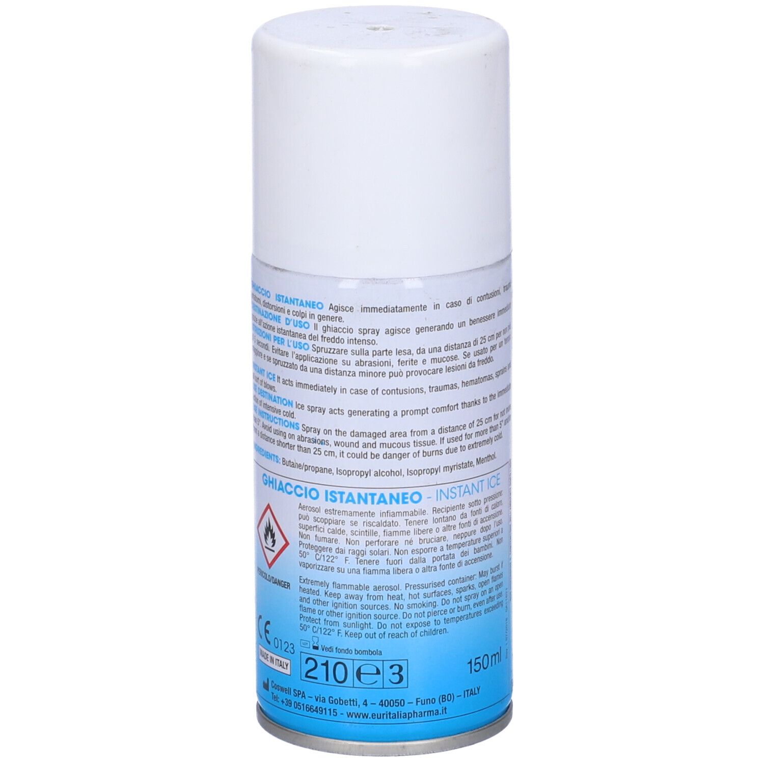 Bomboletta spray bianca. Scritta Dolorelax, Ghiaccio Istantaneo, Instant Ice. Retro con testo.