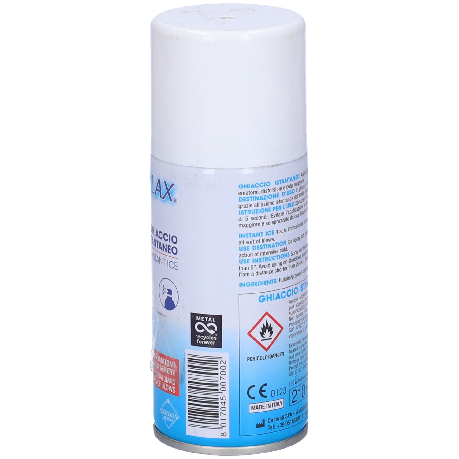 Bomboletta spray bianca. Scritta Dolorelax, Ghiaccio Istantaneo, Instant Ice. Retro con testo.