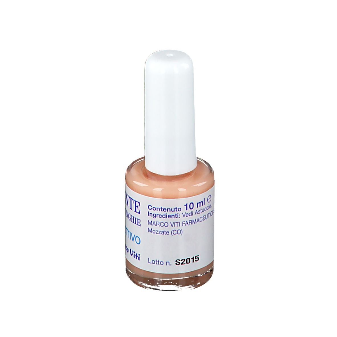 Flacon de durcisseur pour ongles avec bouchon blanc. Inscription: INDURENTE PER UNGHIE PROTETTIVO. 10 ml.