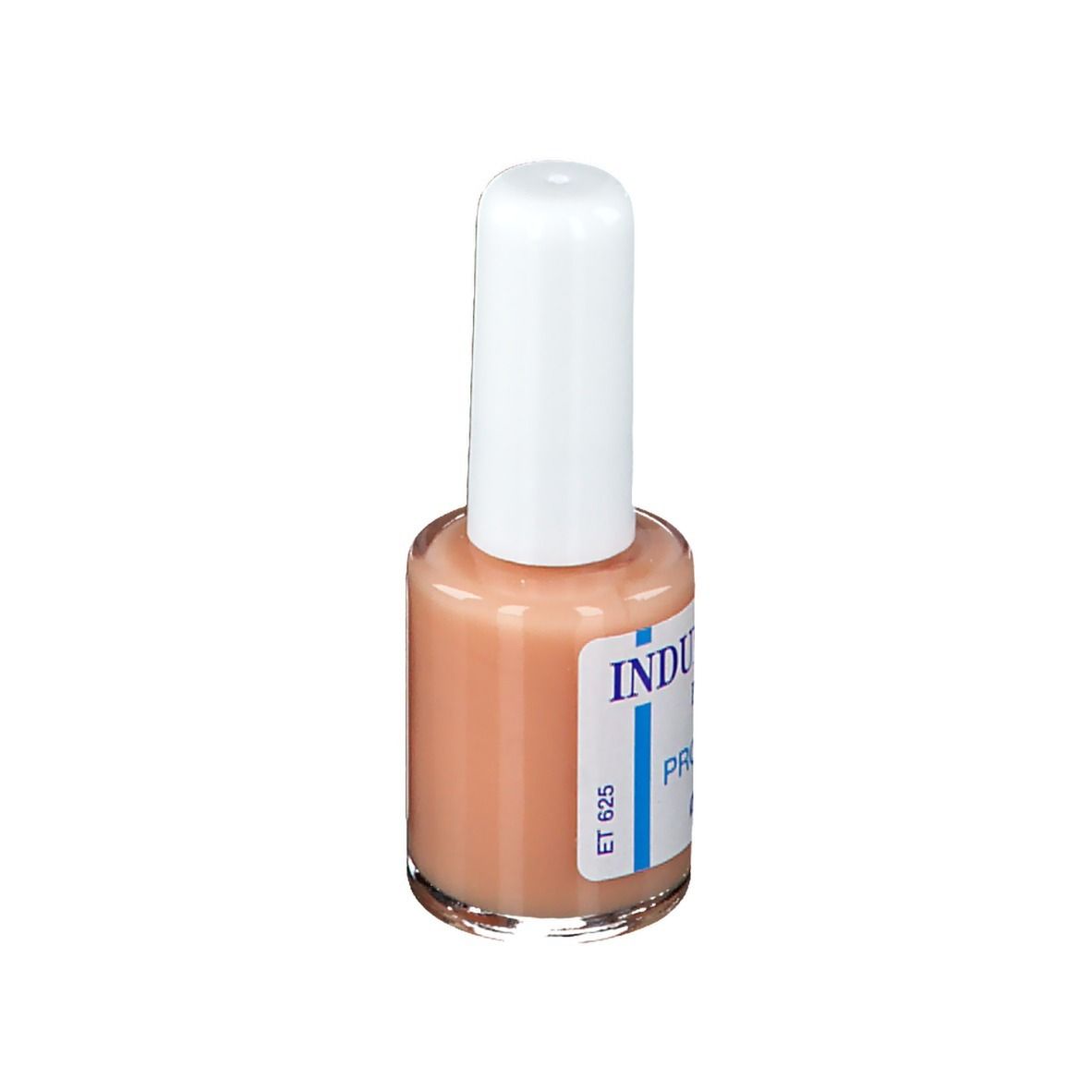 Flacon de durcisseur pour ongles avec bouchon blanc. Inscription: INDURENTE PER UNGHIE PROTETTIVO.