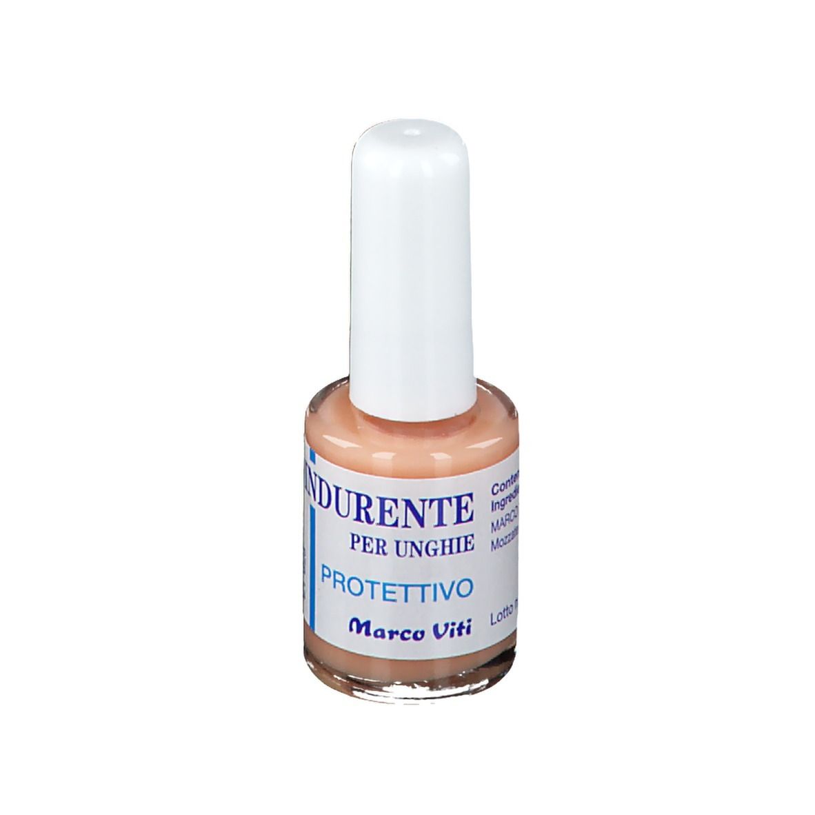 Flacon de durcisseur pour ongles avec bouchon blanc. Inscription: INDURENTE PER UNGHIE PROTETTIVO Marco Viti.