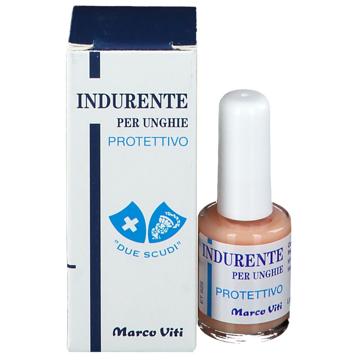 Flacon de durcisseur pour ongles à côté d'une boîte. Inscription: INDURENTE PER UNGHIE PROTETTIVO.